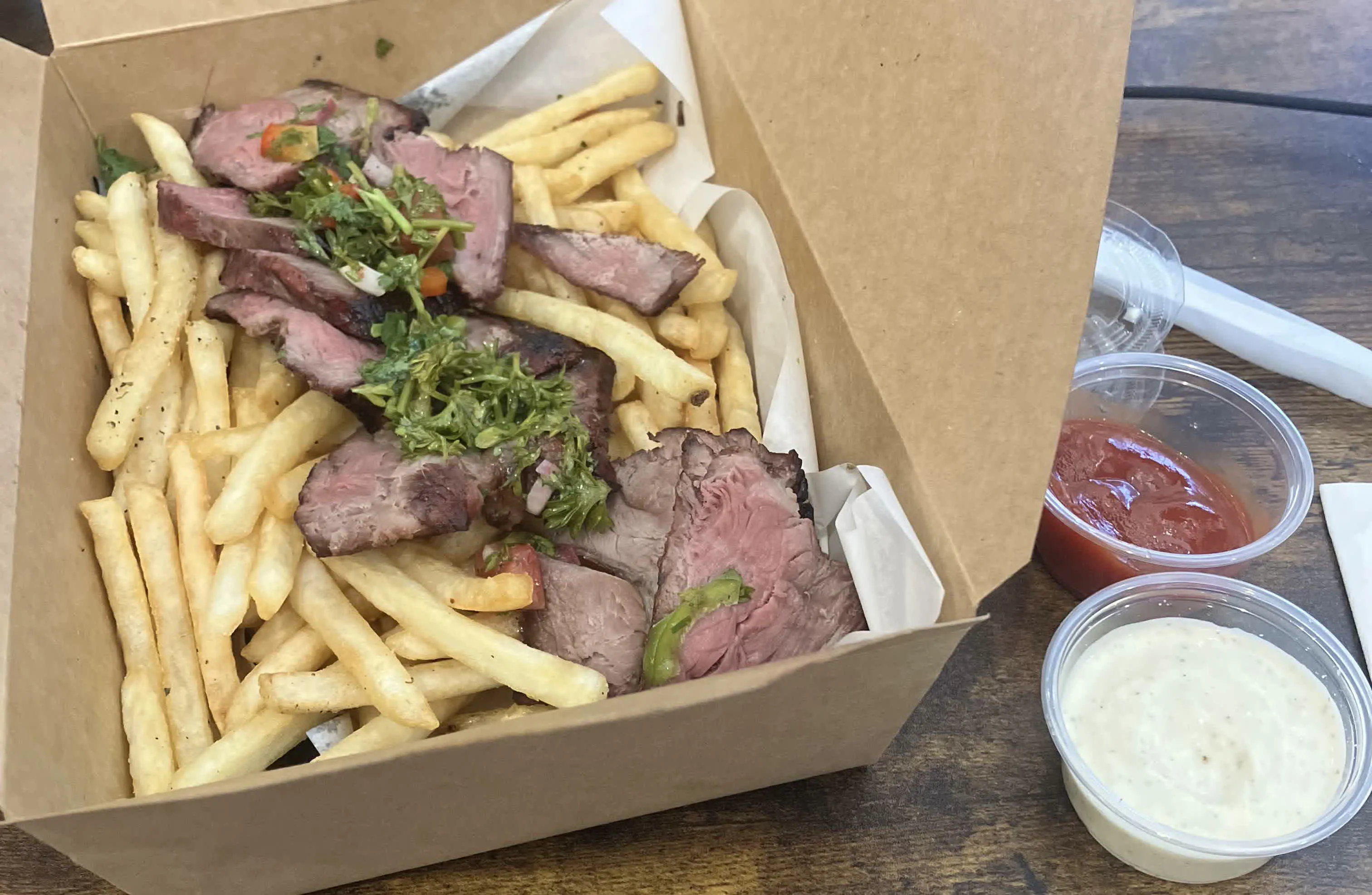 Steak frites for lunch, provided by the company
